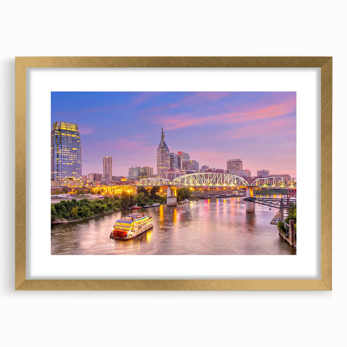 Extra large abstract art print of Nashville skyline in muted earth tones on a framed canvas, ideal for living room decor.