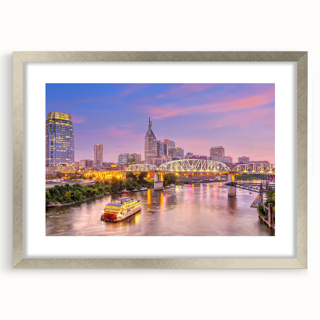 Textured abstract art print of Nashville skyline in muted gray and blue tones on a framed canvas, ideal for bedroom art.