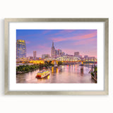 Textured abstract art print of Nashville skyline in muted gray and blue tones on a framed canvas, ideal for bedroom art.