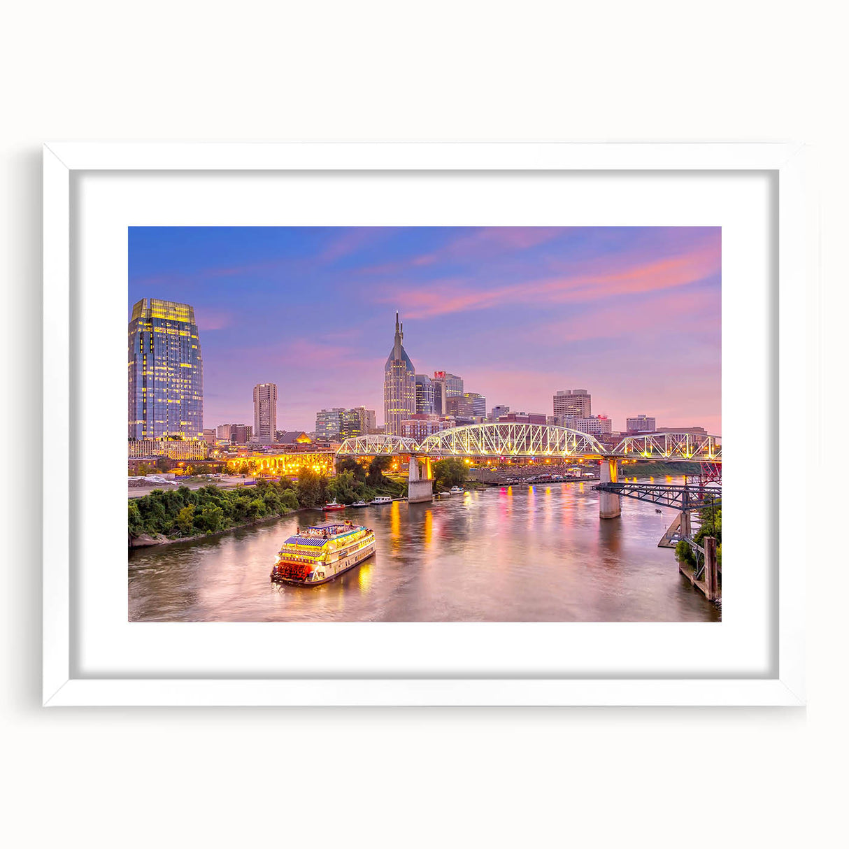 Abstract art print of Nashville skyline in muted gray and blue tones on a framed canvas, suitable for dining room decor.