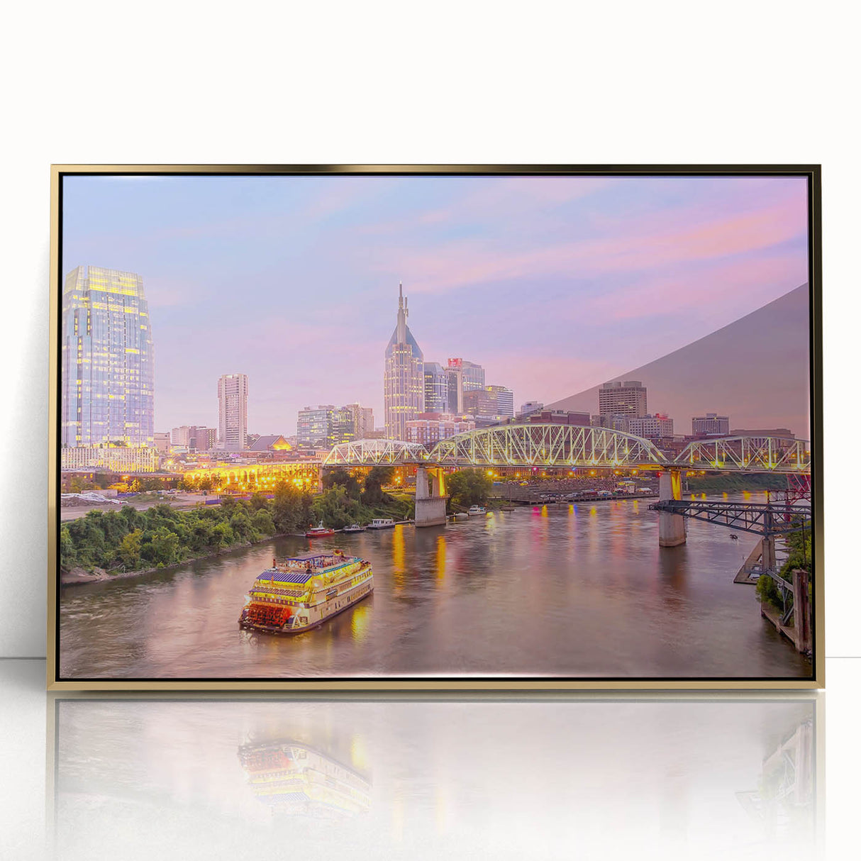 Framed acrylic print of Nashville skyline in gold and black tones, ideal for modern art wall decor.