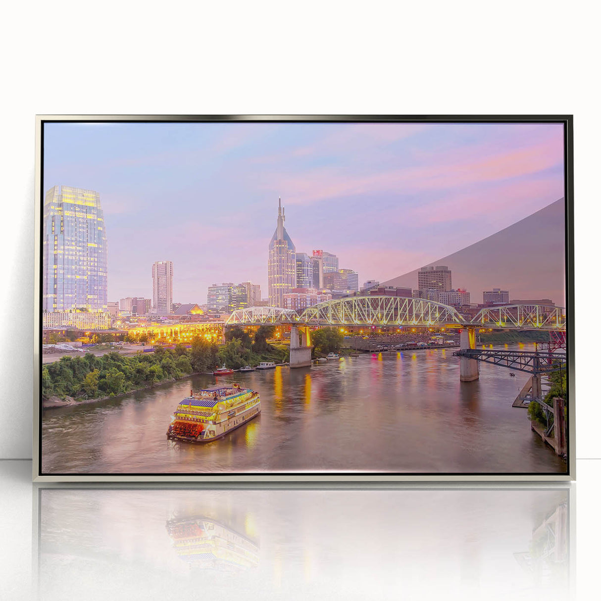Mid-century modernist art depicting Nashville skyline in pastel hues on a silver-framed acrylic print.