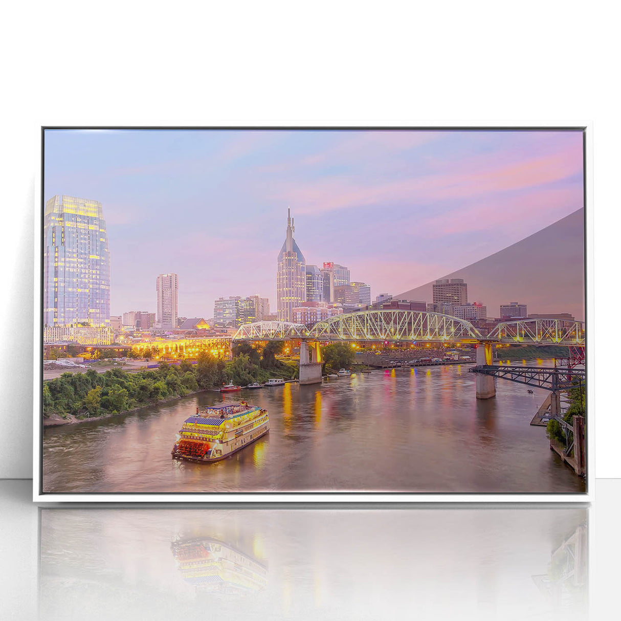 Art deco poster of Nashville skyline in muted gray and blue tones on framed acrylic, suitable for modern art wall decor.