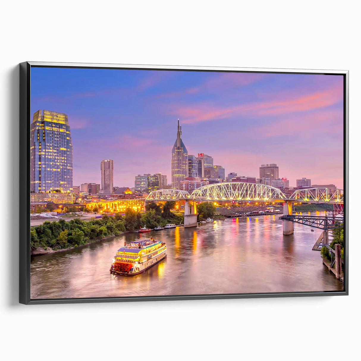 Black and white framed canvas of Nashville landscape, in a vintage poster art style, suitable for bedroom decor.
