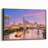 Black and white framed canvas of Nashville landscape, in a vintage poster art style, suitable for bedroom decor.