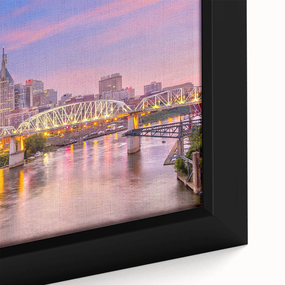 Extra large framed canvas of Nashville skyline in black with colorful, textured details, ideal for living room decor.