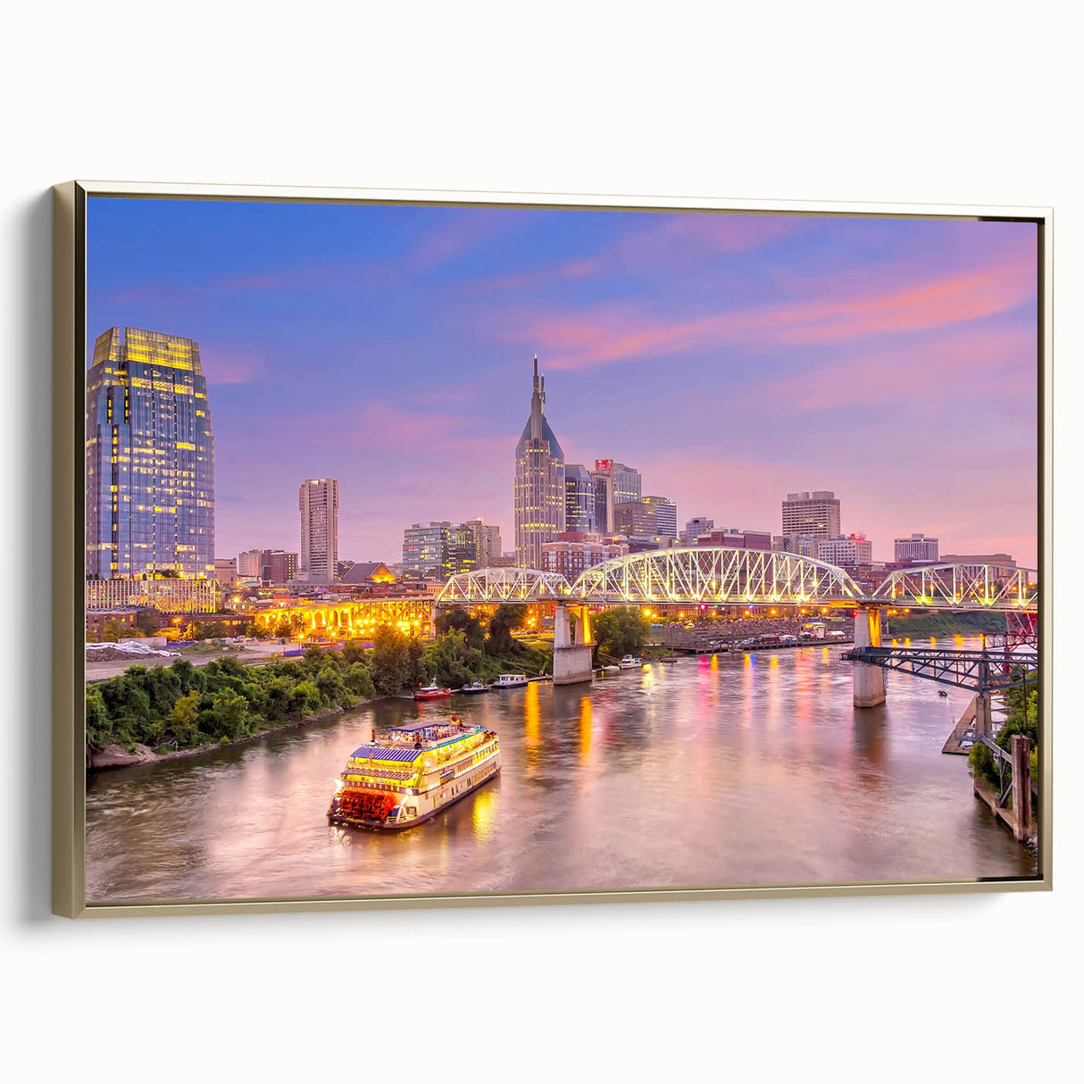 Framed canvas of Nashville skyline in muted gold and black tones, ideal for bedroom wall art.