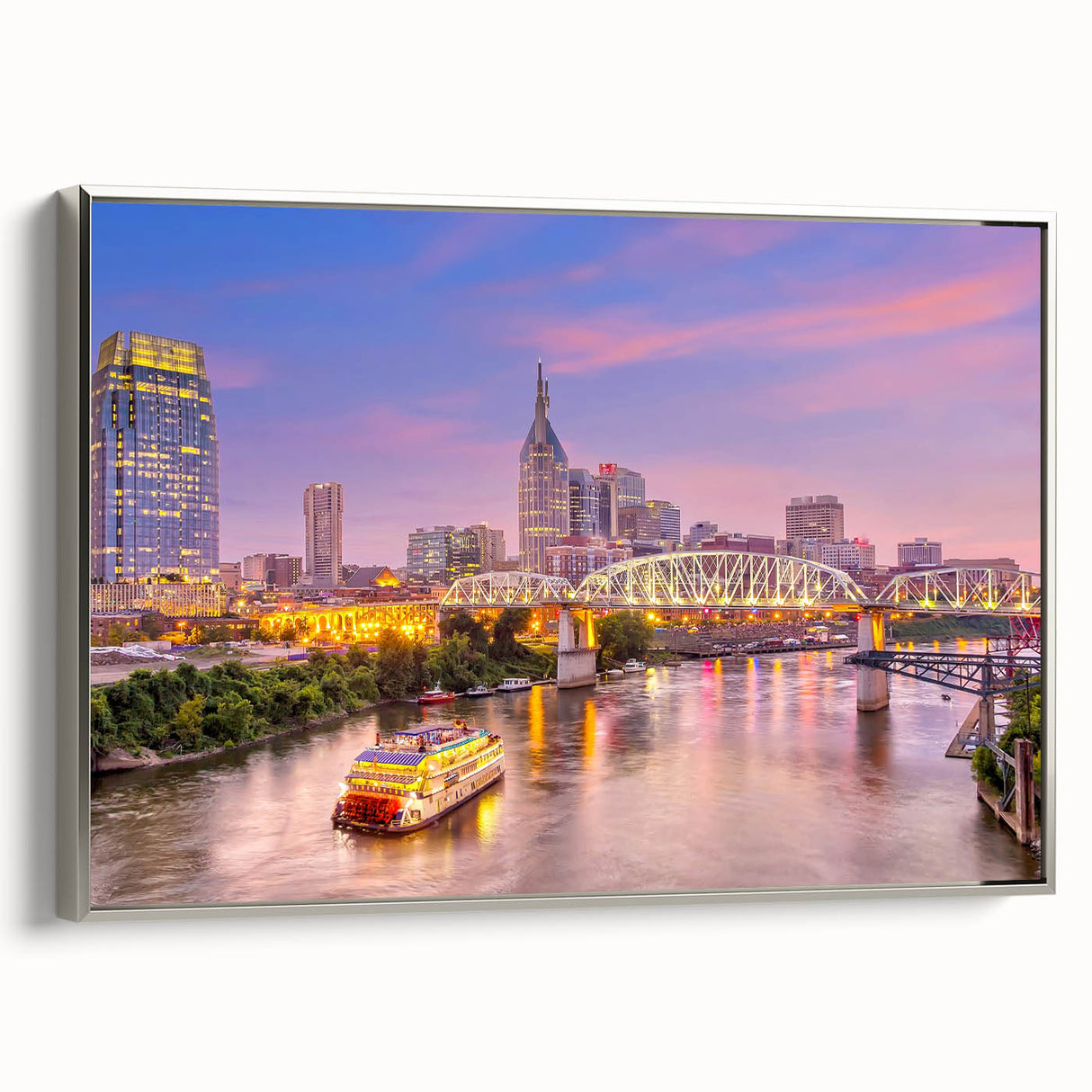 Framed canvas depicting a vintage Nashville landscape in colorful hues, ideal for living room decor.