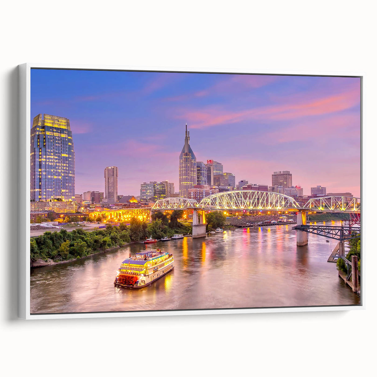 Framed vintage poster art of Nashville skyline in vibrant colors on extra large canvas, ideal for living room decor.