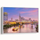 Framed vintage poster art of Nashville skyline in vibrant colors on extra large canvas, ideal for living room decor.