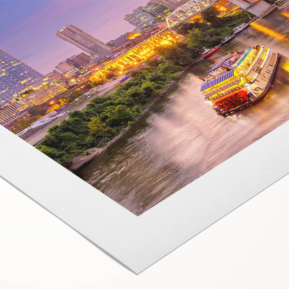 Art deco poster of Nashville skyline in muted gold and navy tones on rolled canvas, ideal for dining room wall art.