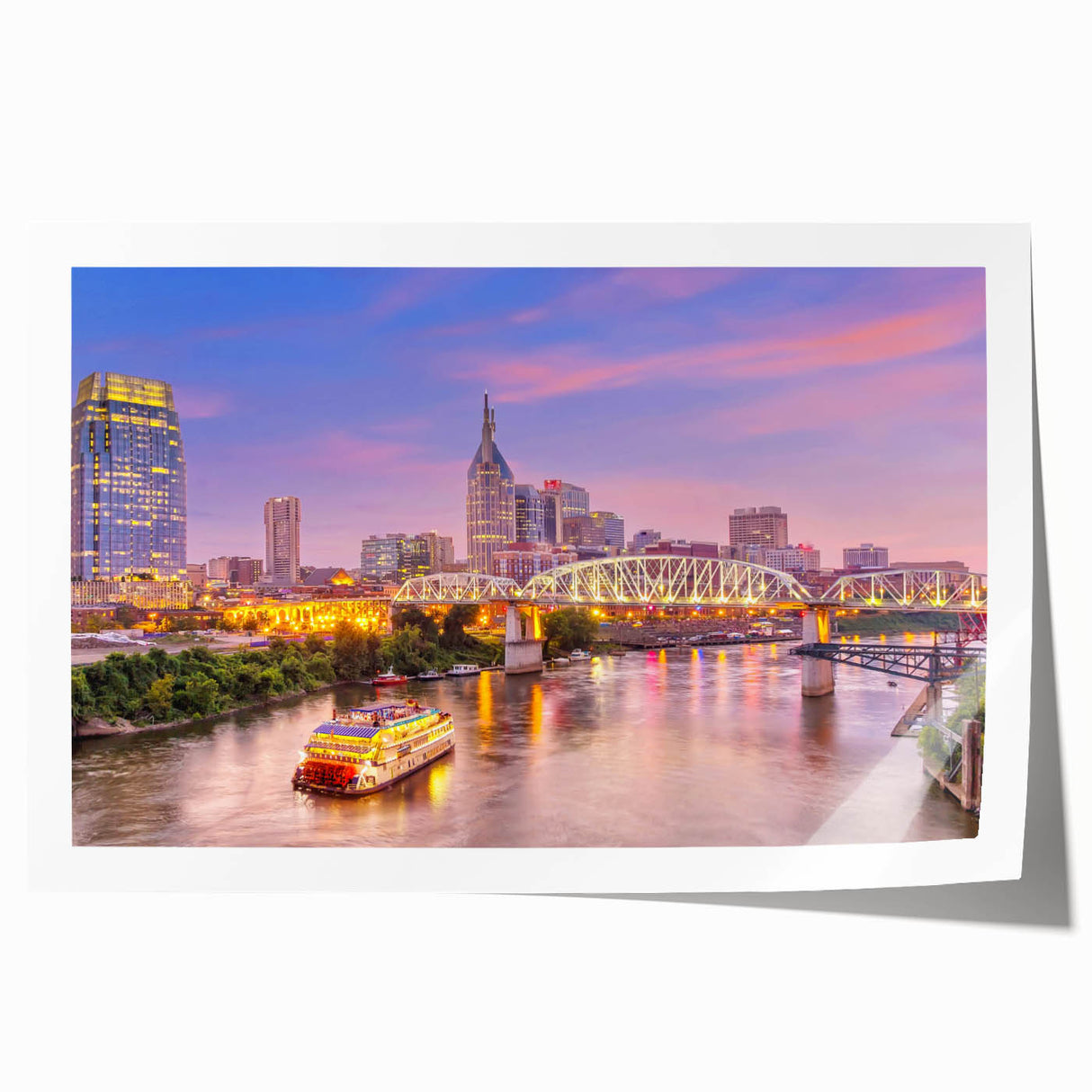 Rolled print of Nashville skyline with muted earth tones, ideal for art wall dining room.