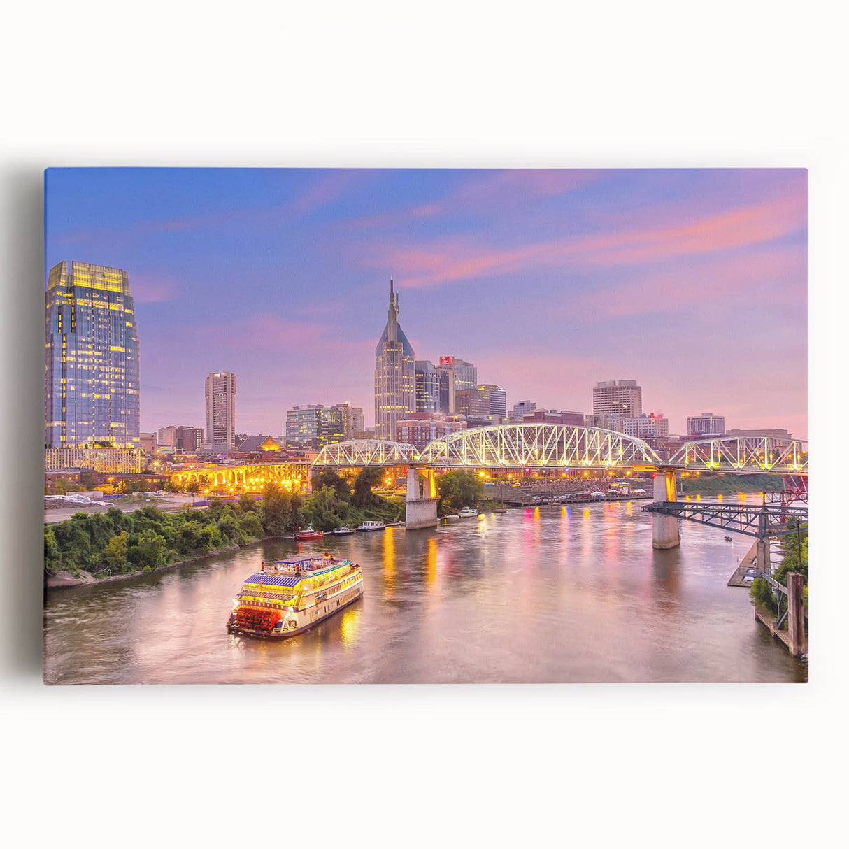 Black and white stretched canvas of Nashville skyline, suited for kitchen wall art.
