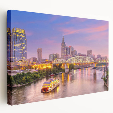 Large canvas print depicting the Nashville skyline in muted gray and blue tones, ideal for kitchen wall art.