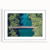 Abstract art print of Austin skyline in muted gray and blue tones on a framed white mat, ideal for dining room decor.