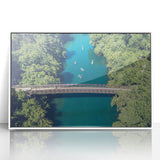 Art deco poster of Austin, Texas skyline in muted gray and blue tones on a white framed acrylic.