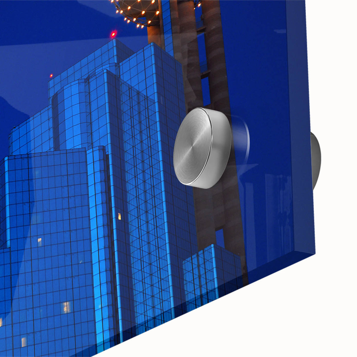 Large abstract wall art depicting the Dallas skyline in vibrant twilight hues on acrylic glass.