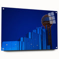 Acrylic print of Dallas skyline with vibrant twilight hues, ideal for dining room art.