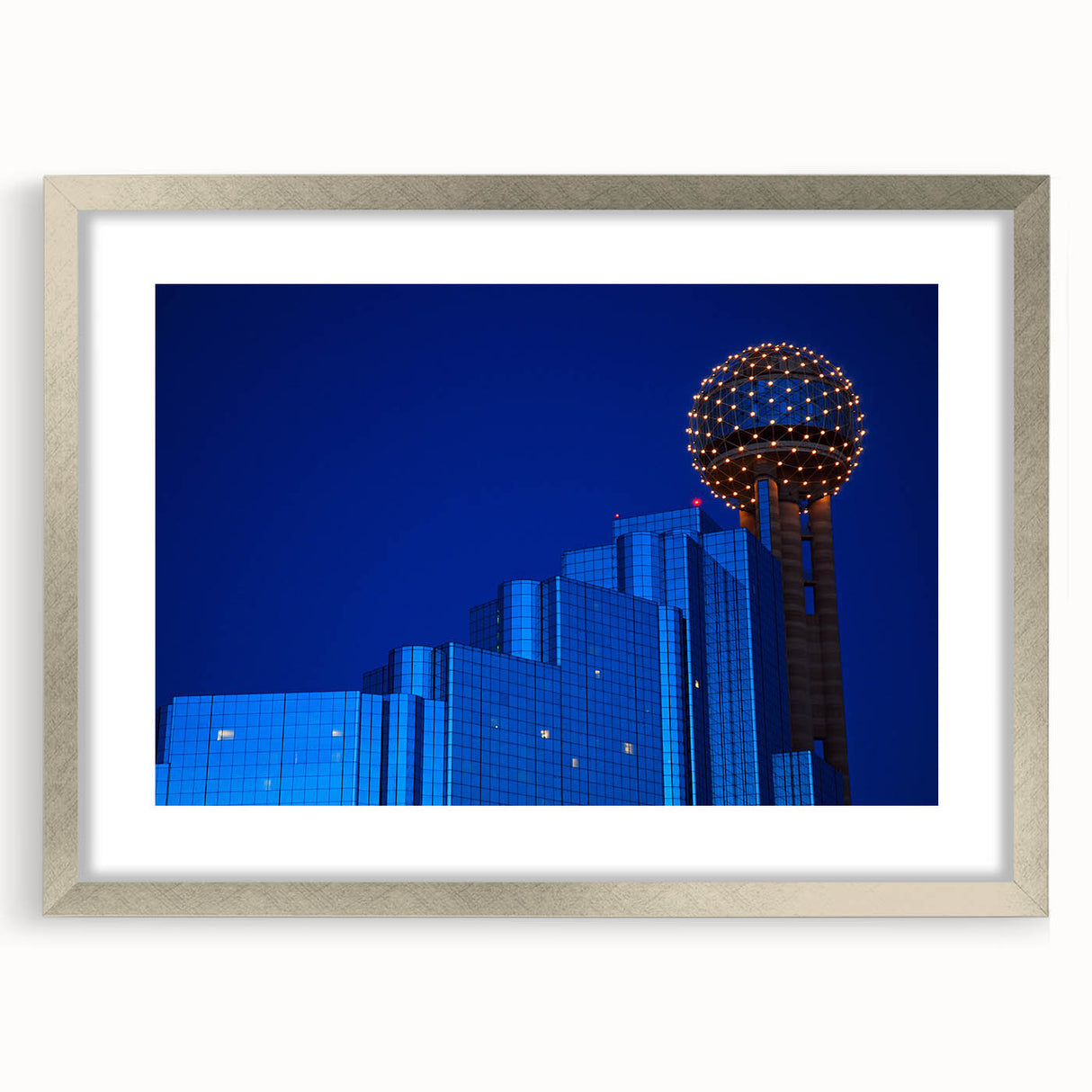Textured abstract art print of Dallas skyline in muted gray and blue tones on a silver framed mat, suitable for bedroom art.