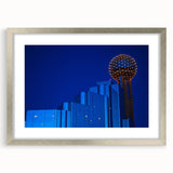 Textured abstract art print of Dallas skyline in muted gray and blue tones on a silver framed mat, suitable for bedroom art.