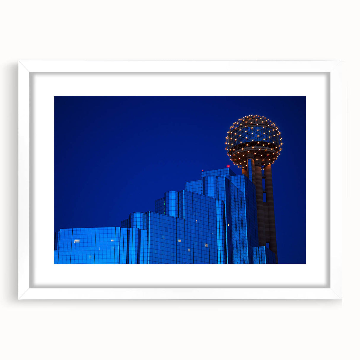 Abstract art print of Dallas skyline in muted gray tones on a white-framed canvas, suitable for dining room decor.