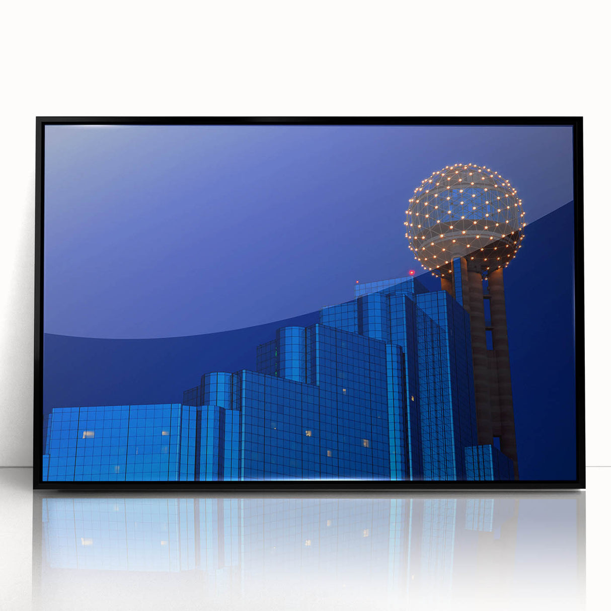 Large abstract wall art of Dallas skyline in muted gray and blue tones on framed acrylic, suitable for modern art wall decor.