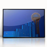Large abstract wall art of Dallas skyline in muted gray and blue tones on framed acrylic, suitable for modern art wall decor.
