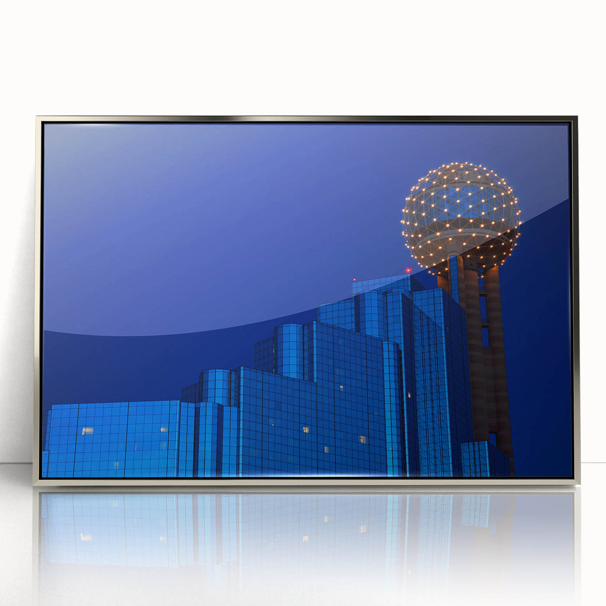 Mid-century modernist art of Dallas skyline in muted silver tones on a framed acrylic, ideal for modern art wall decor.