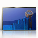 Mid-century modernist art of Dallas skyline in muted silver tones on a framed acrylic, ideal for modern art wall decor.