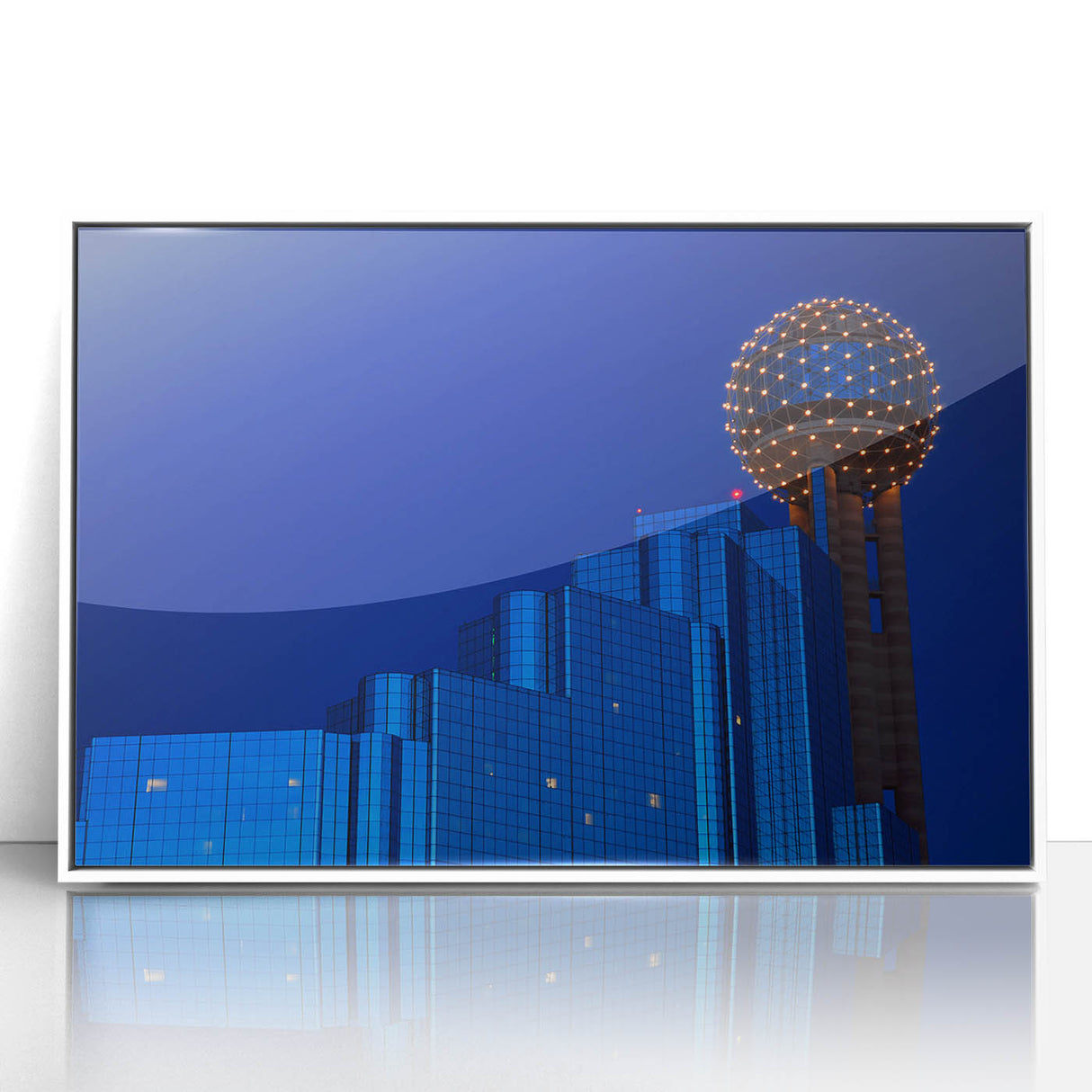 Modern art wall decor featuring a Dallas skyline in pastel hues on a white framed acrylic print.
