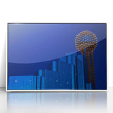 Modern art wall decor featuring a Dallas skyline in pastel hues on a white framed acrylic print.