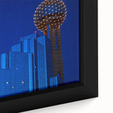 Framed canvas depicting a textured, colorful depiction of the Dallas skyline, ideal for extra large living room wall art.