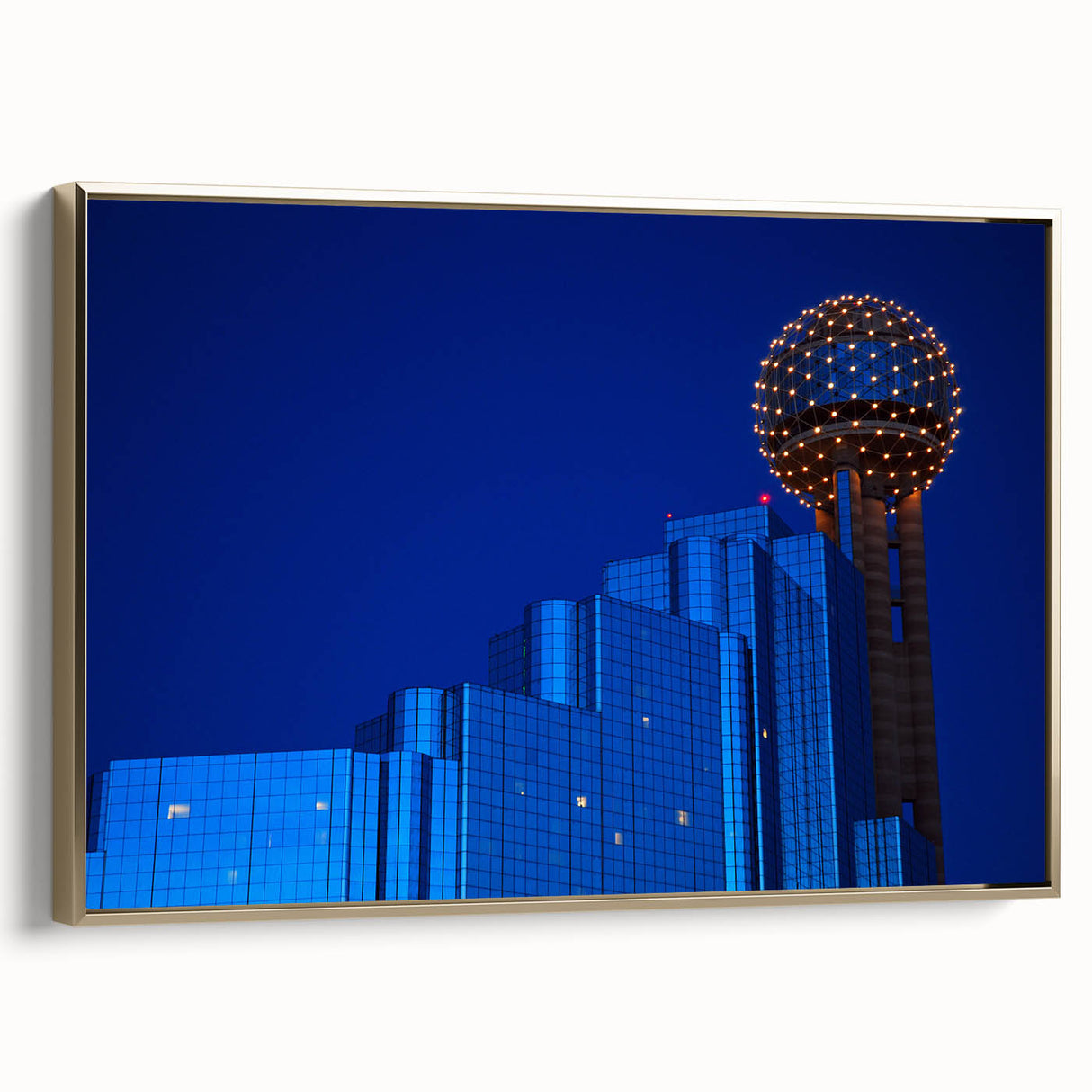 Framed canvas of Dallas skyline in black and gold tones, ideal for bedroom wall art.