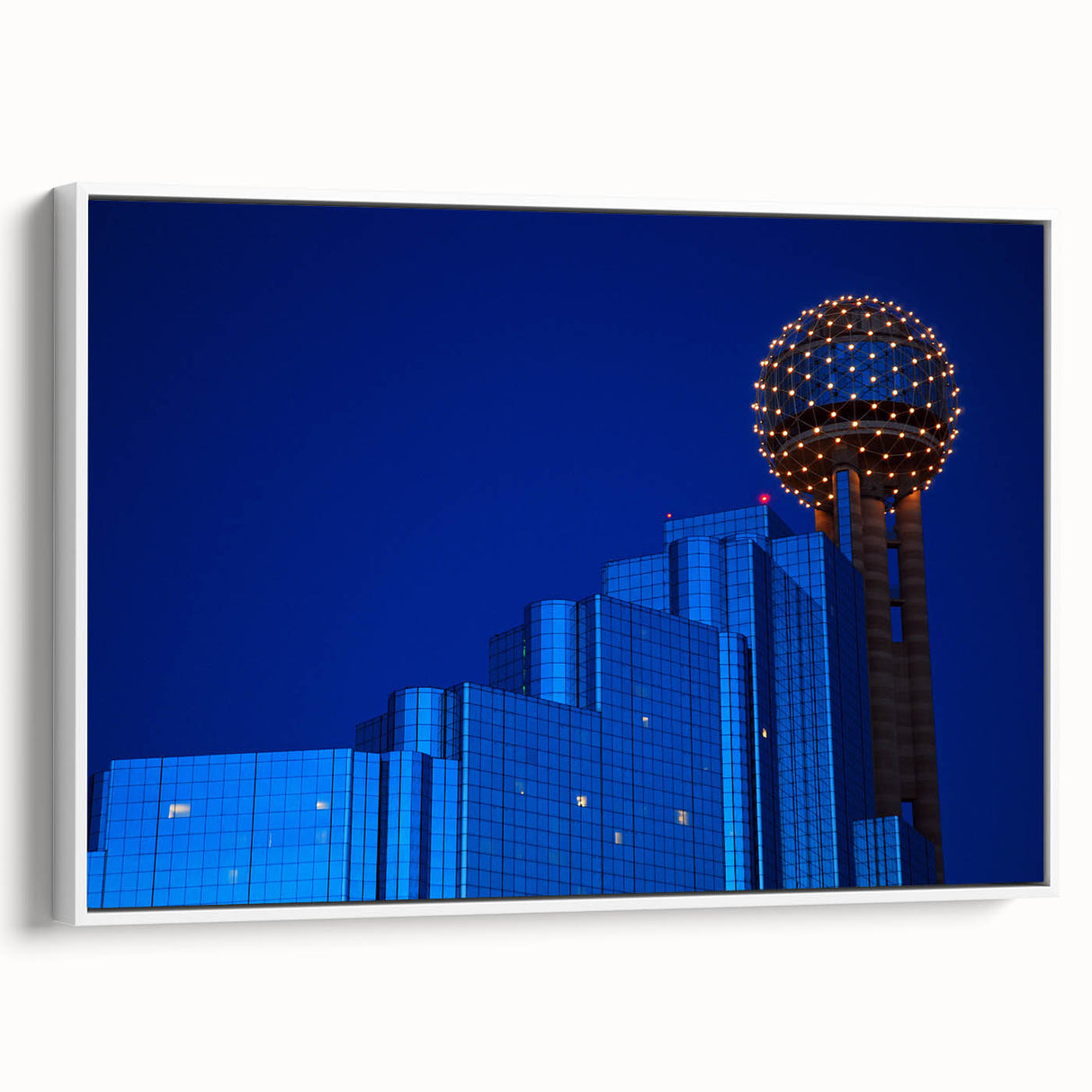 Vintage poster art of Dallas skyline in vibrant colors on a large framed canvas, ideal for living room decor.