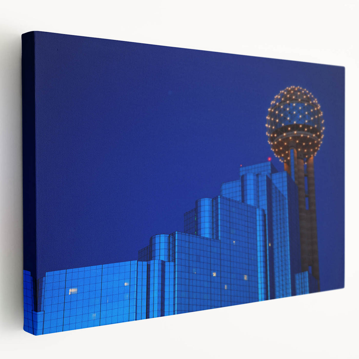 Dallas skyline depicted in muted blue and gray tones on a large stretched canvas, suitable for kitchen wall art.