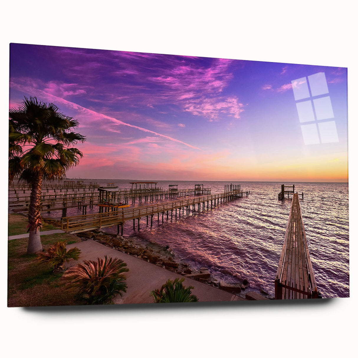 Acrylic print of large abstract wall art featuring vibrant colors and Houston skyline.