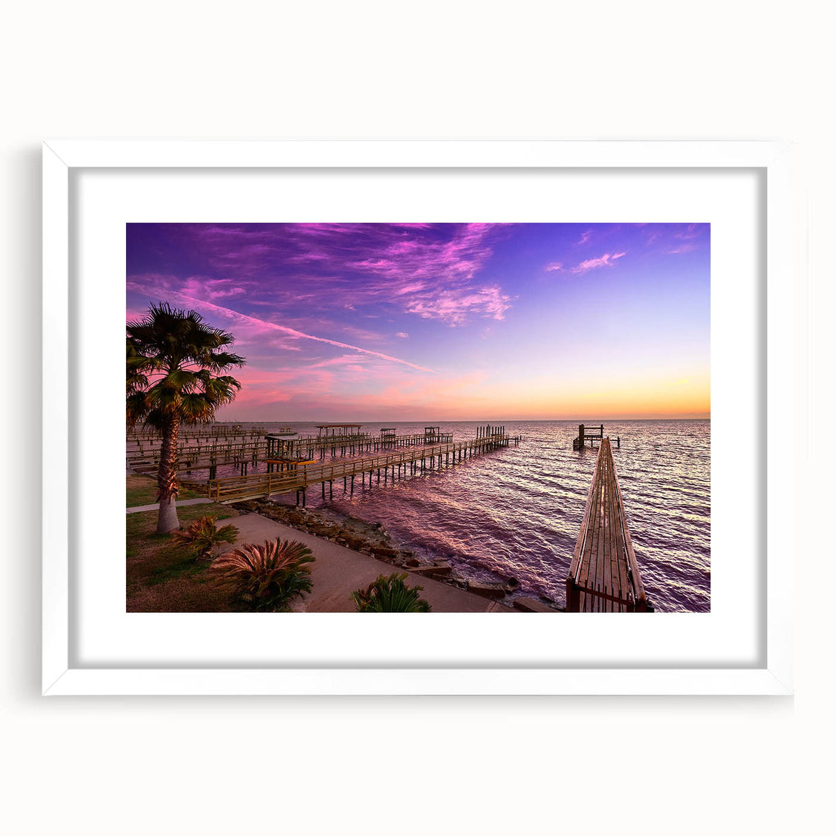 Abstract art print of Houston skyline in muted gray and blue tones on a framed white mat, ideal for dining room decor.