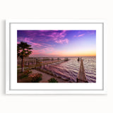 Abstract art print of Houston skyline in muted gray and blue tones on a framed white mat, ideal for dining room decor.