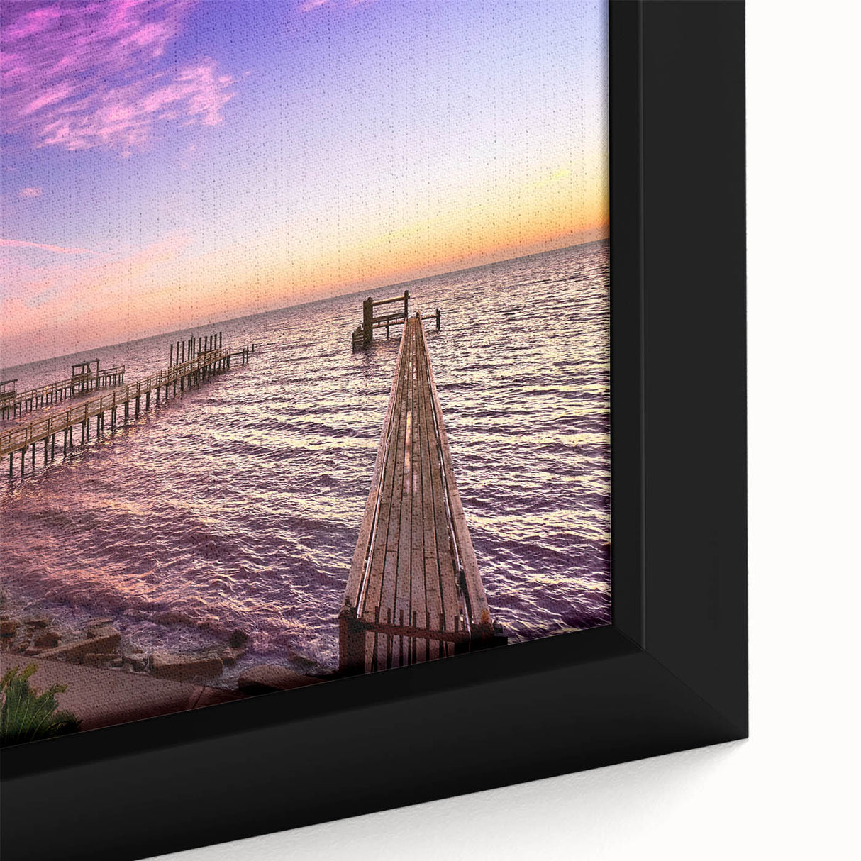 Close-up of extra large framed canvas depicting textured, colorful Houston skyline on black background.