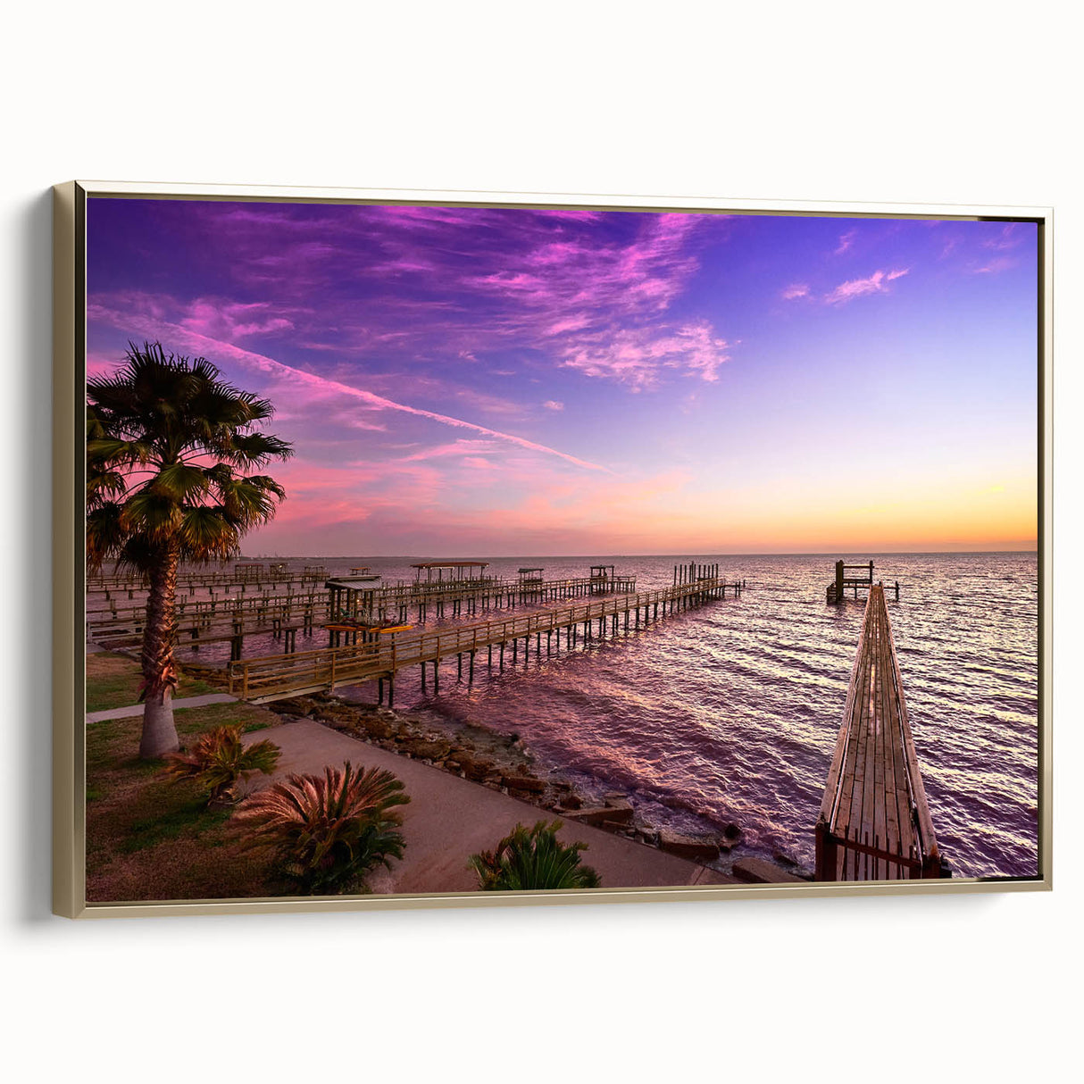 Framed canvas featuring a vintage-style landscape painting of Houston, Texas in black and gold tones.