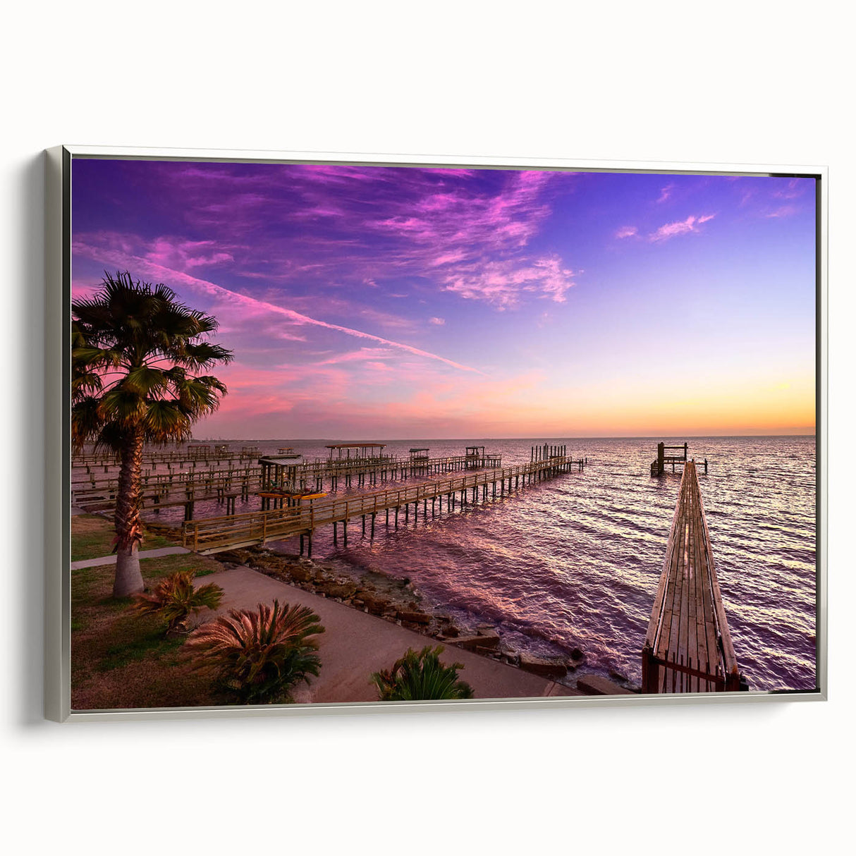 Framed canvas of a colorful Houston skyline landscape painting with vintage poster art style, ideal for office decor.