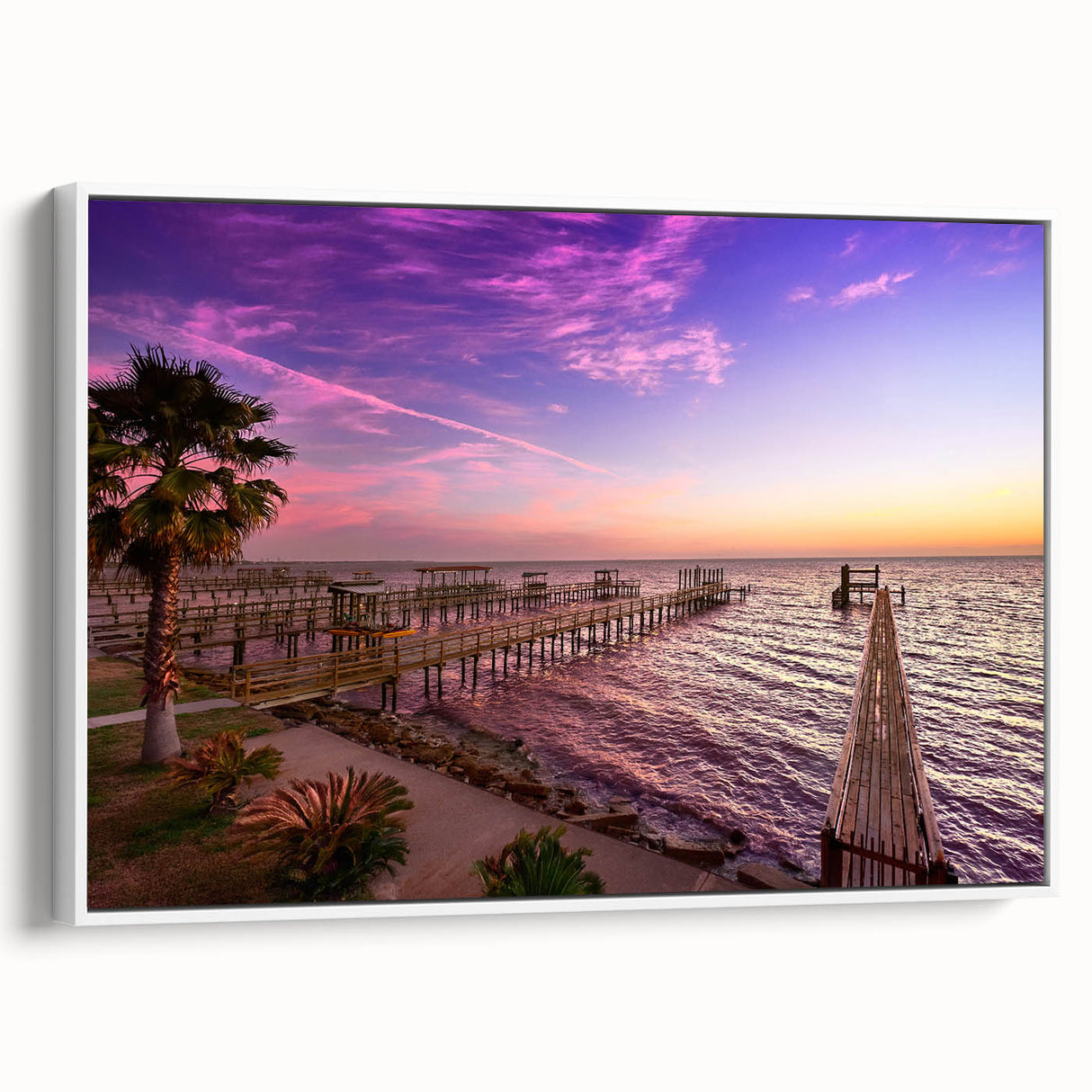 Vintage poster art of Houston skyline on extra large framed canvas, featuring vibrant colors against a black background.