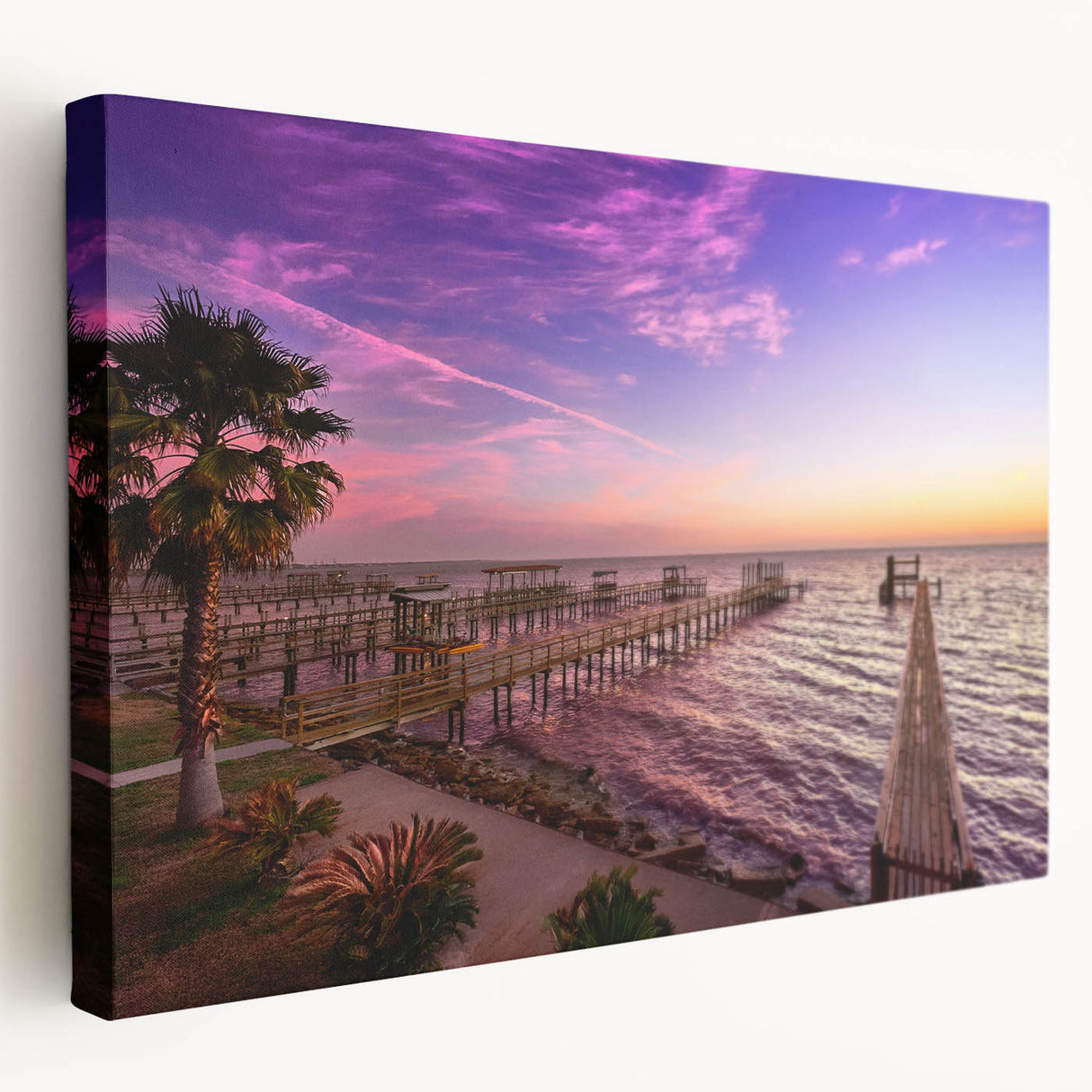 Large art print of Houston skyline in muted blues and grays on stretched canvas, suitable for kitchen wall art.