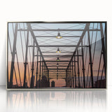 Mid-century modernist art of San Antonio skyline in muted blue tones, framed acrylic print, ideal for modern art wall decor.