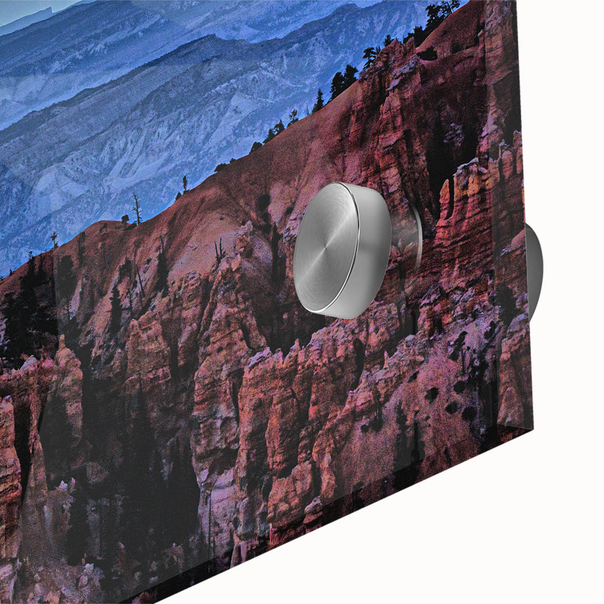 Large abstract art print of Bryce Canyon in muted orange and red tones on acrylic glass, suitable for dining room decor.