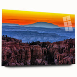 Acrylic print of Bryce Canyon with orange and red rocky formations, suitable for bedroom or dining room decor.