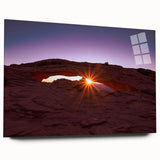 Large abstract wall art of Canyonlands with red and orange hues on acrylic glass, ideal for bedroom or dining room decor.