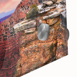 Large abstract depiction of Zion National Park in muted earth tones on acrylic glass, suited for dining room art.