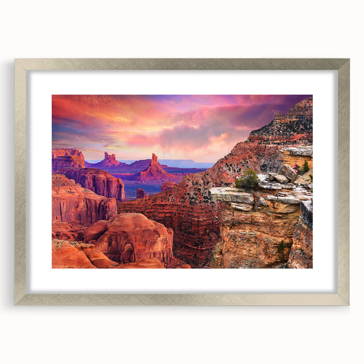 Textured art print of Zion National Park in muted earth tones on a framed canvas, suitable for bedroom decor.