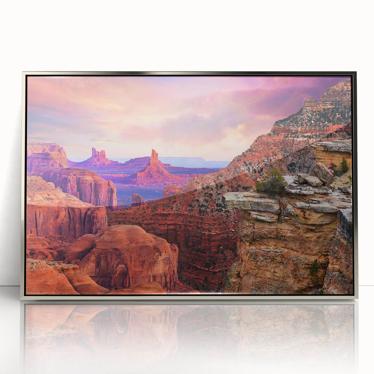 Mid-century modernist art depicting Zion National Park in muted earth tones on a silver-framed acrylic print.